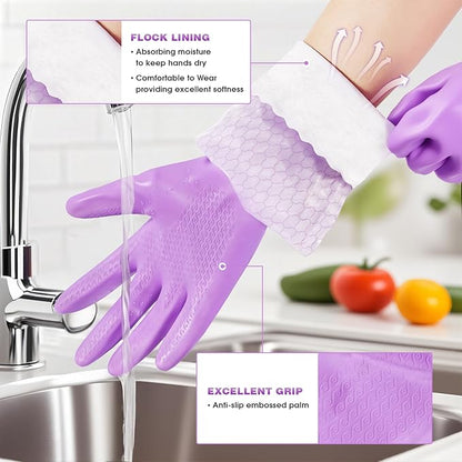 Elgood Reusable Long Sleeve Dishwashing Cleaning Gloves with Latex Free,Cotton Lining,Kitchen Gloves 2 Pairs,Purple+Blue M
