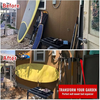 Aking Ace Garage Tool Organizer Wall Mount - Garden Tool Organizer Heavy Duty 48" Storage Rack with 6 Adjustable Hooks, Holds 350lbs, Yard Tool Hanger for Shed Organization