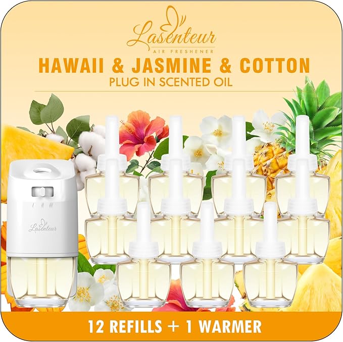 Plug In Air Freshener Starter Kit for Home, 12 Refills + 1 Warmer, Hawaiian, Jasmine & Fresh Cotton Scents for Bathroom & Office, Compatible with Air Wick & Glade, Not Include Glade Plus