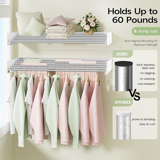 Wall Mounted Clothes Drying Rack 40 inches, Foldable Wall Mount Laundry Rack Folding Indoor, Drying Rack Clothing Collapsible, Hidden Space Saver with Wall Template, 6 Rods, White