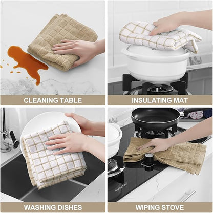 Homaxy Premium Cotton Kitchen Towels 16"x 28", Large Natural Ring Spun 390 GSM Dish Towels, Super Absorbent Terry Kitchen Hand Towels, Soft Tea Towels with Hanging Loop, Tan Check Design, 8 Pack