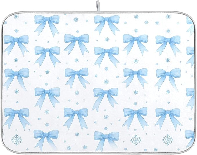 Blue Bow Ribbon Dish Drying Mat for Kitchen Countertop 16x18 Bowknot White Coquette Pattern Small Drying Mat Reusable Quick Dry Dish Sink Mats Easy Clean Decorative Essentials