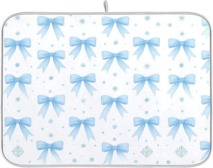 Blue Bow Ribbon Dish Drying Mat for Kitchen Countertop 16x18 Bowknot White Coquette Pattern Small Drying Mat Reusable Quick Dry Dish Sink Mats Easy Clean Decorative Essentials