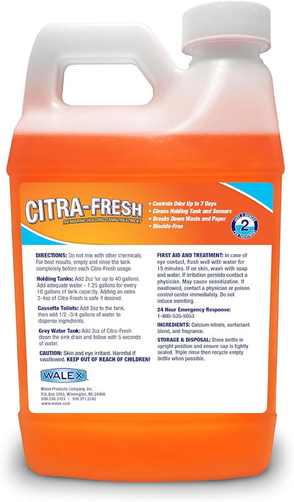 Walex Citra-Fresh Liquid Holding Tank Treatment for RV, Camper & Marine - Black Water Tank Deodorizer for Rapid Breakdown of Waste & Toilet Paper, Biocide-Free, Septic Tank Safe, 64oz