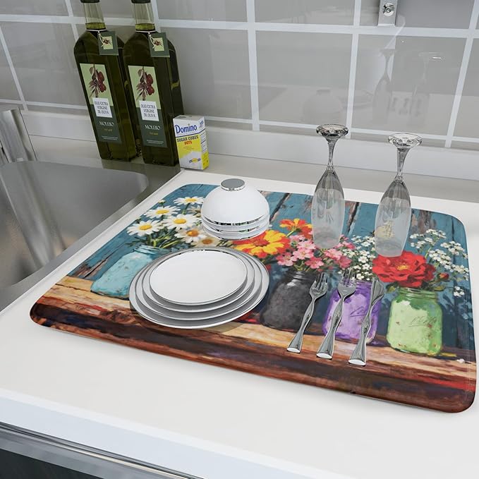 Spring Summer Floral Dish Drying Mat for Kitchen Counter 18x24 Woodgrain Colorful Flower Butterfly Seasonal Absorbent Reversible Microfiber Drying Mats Kitchen Countertop Protector Dishes Drainer Pad