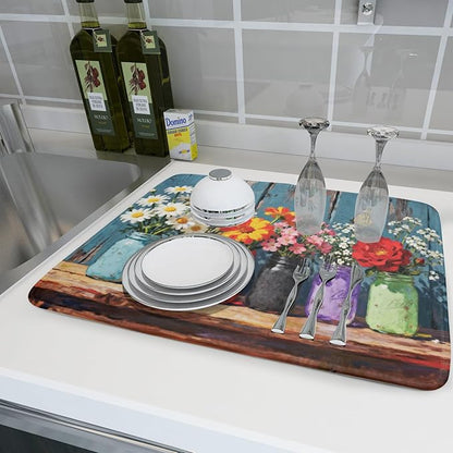 Spring Summer Floral Dish Drying Mat for Kitchen Counter 18x24 Woodgrain Colorful Flower Butterfly Seasonal Absorbent Reversible Microfiber Drying Mats Kitchen Countertop Protector Dishes Drainer Pad