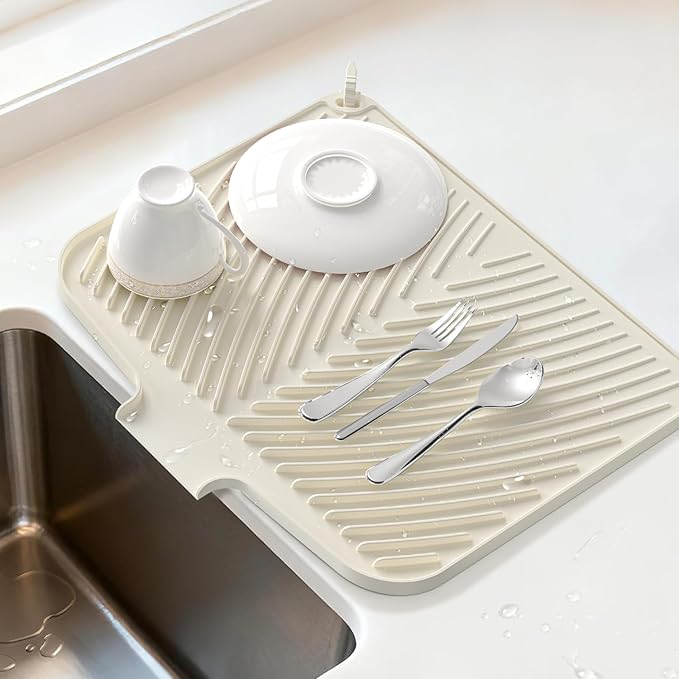 Belife Dish Drying Mat for Kitchen Counter, Silicone Dish Drainers Pad, Non-Slip Under Sink Dish Drying Rack, Heat Resistant Small Stone Drying Board (17" x 14.5",White)