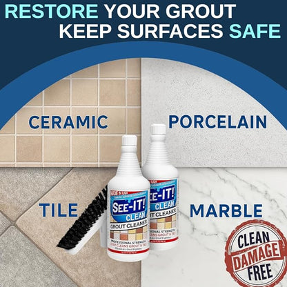 SEE-IT! Grout & Tile Deep Cleaner Brightener & Heavy-Duty Stain Remover Acid-Free Safe for Ceramic, Porcelain, Marble, Stone - Two 32 fl. oz. Bottles with Floor Cleaning Brush