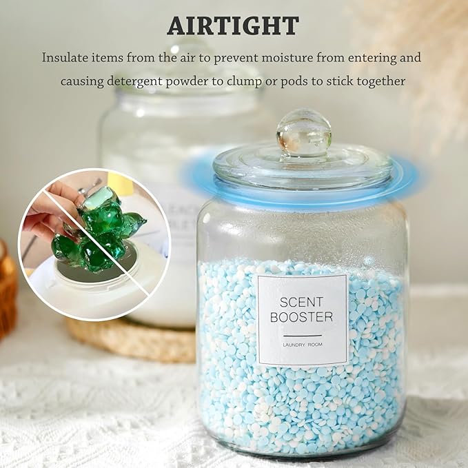 FyndraX Half Gallon Glass Jars - Large Airtight Containers with Scoop and Labels for Organization and Storage Laundry, Bath Room, Kitchen and Pantry Holder, Set of 4