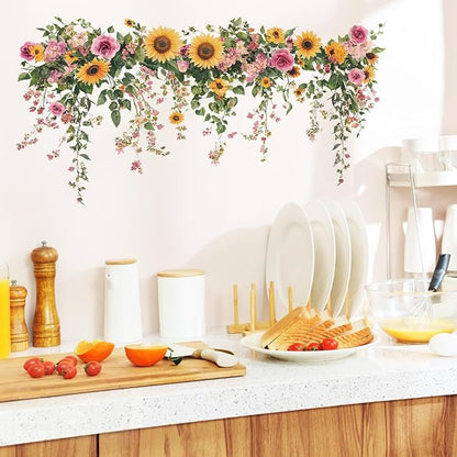 Sunflower Wall Stickers Vinyl Flower Wall Decals Peel and Stick Wall Murals Art Decor Wallpaper for Girls Bedroom Living Room Kitchen Tv Background
