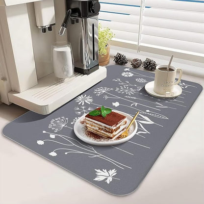 Dish Drying Mat for Kitchen Counter 2 Pack with Non-Slip Rubber Backing - Heat-Resistant Absorbent Coffee Bar Mat, Dish Rack Mat, Grey Flower Dish Drying Mats 18x24+19.5x12 inch