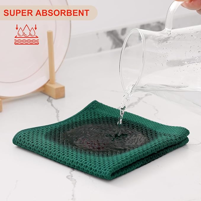 Kitinjoy 100% Cotton Kitchen Dish Cloths (12 X 12 Inches, Dark Green), 8 Pack Waffle Weave Ultra Soft Absorbent Dish Towels for Drying Dishes Quick Drying Kitchen Towels Dish Rags
