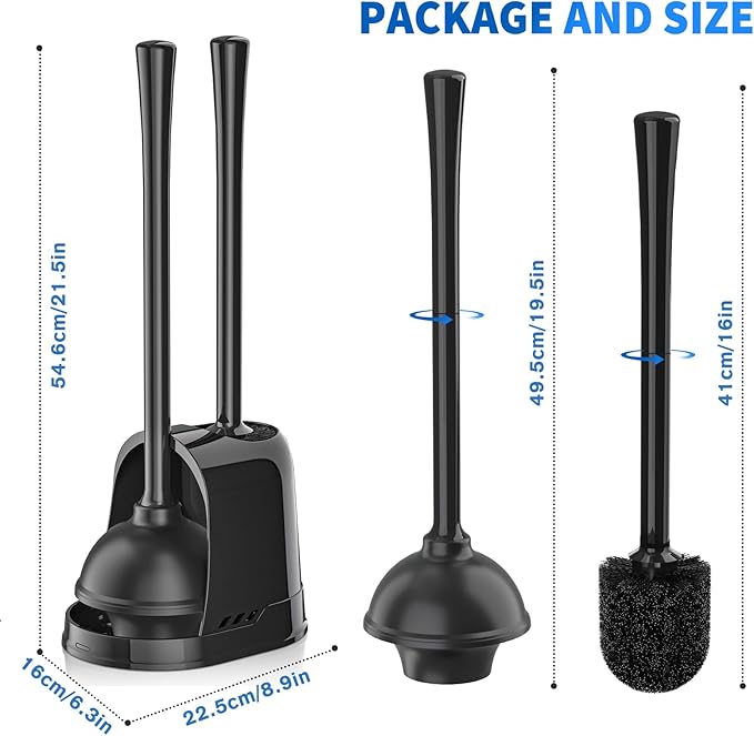 LOVLOY Toilet Plunger and Brush, Silicone Bowl Brush and Heavy Duty Toilet Plunger Set with Ventilated Holder, 2-in-1 Toilet Brush and Plunger Combo for 5.3-inch Toilet Drain Bathroom Cleaning