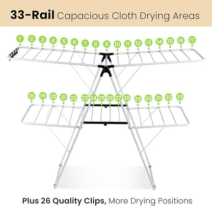 COSTWAY Clothes Drying Rack, Foldable 2 Tier Clothing Rack with Height-Adjustable Wings, 33 Drying Rails & Sock Clips, Portable Space Saving Laundry Drying Rack for Apartment, RV, Indoor & Outdoor Use
