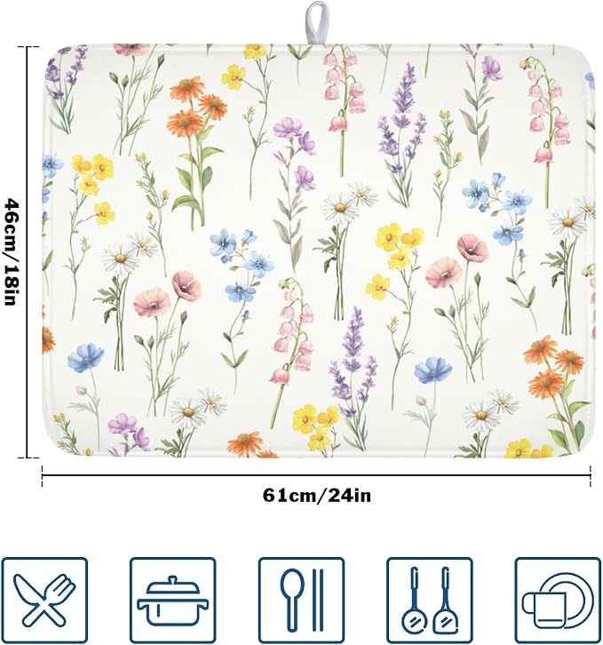Spring Floral Dish Drying Mat for Kitchen Counter 18 x 24 Inch Colorful Flowers Dish Drainer Mat Absorbent Microfiber Dish Rack Pad for Summer Holiday Coffee Dining Bar Decor