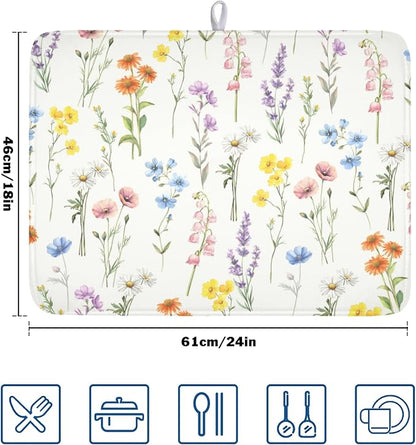 Spring Floral Dish Drying Mat for Kitchen Counter 18 x 24 Inch Colorful Flowers Dish Drainer Mat Absorbent Microfiber Dish Rack Pad for Summer Holiday Coffee Dining Bar Decor