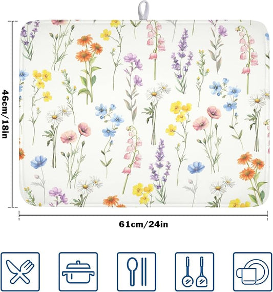 Spring Floral Dish Drying Mat for Kitchen Counter 18 x 24 Inch Colorful Flowers Dish Drainer Mat Absorbent Microfiber Dish Rack Pad for Summer Holiday Coffee Dining Bar Decor
