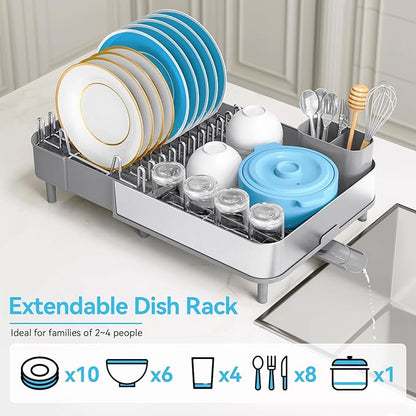Urackify Dish Drying Rack, 304 Stainless Steel Dish Drainer with Removable Utensil Holder & Drain Board, Rustproof Space-Saving Dish Rack for Kitchen Countertop, Grey