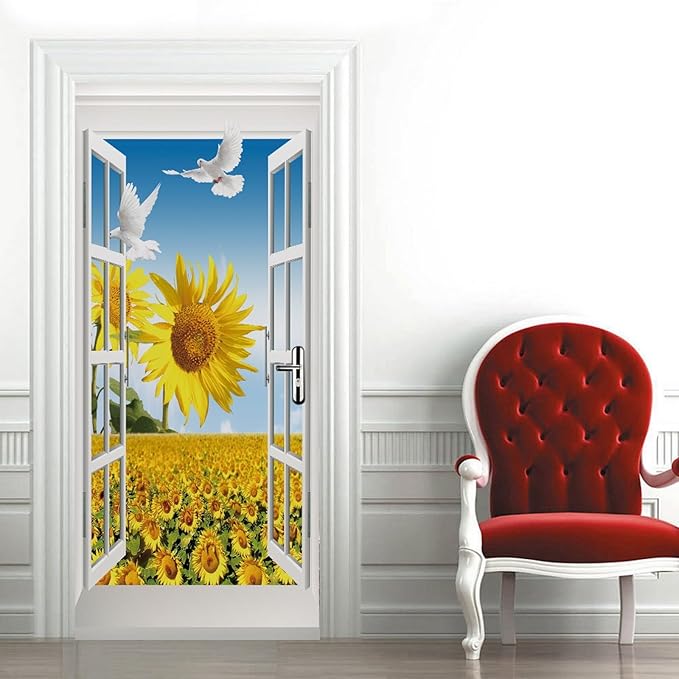 A.Monamour 3D Door Stickers for Interior Doors Sunflower Field and Pigeon View from The Open Window Vinyl Waterproof Self Adhesive Door Mural Decals for Bedroom Office Bathroom 85x215cm