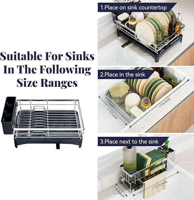 Dish Drying Rack, 304 Stainless Steel Dish Racks for Kitchen Counter with Cutlery Holder & Sponge Holder, Large Dish Drainer with Removable Drainboard, 11.8''W x 16.7''L (Stainless Steel)