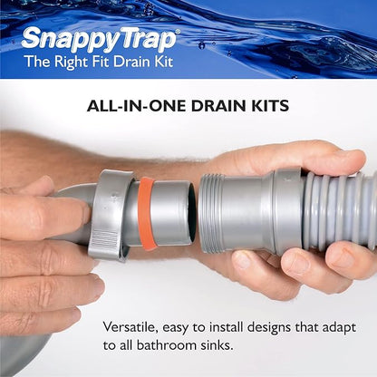 Snappy Trap Universal Flexible P Trap Bathroom Sink Drain Pipe Plumbing Kit for Home Improvement, No Leaks, Easy No Tool Installation, 9-13 Inch Flex Hose & 16 Inch Product Length (DK-105 Silver)