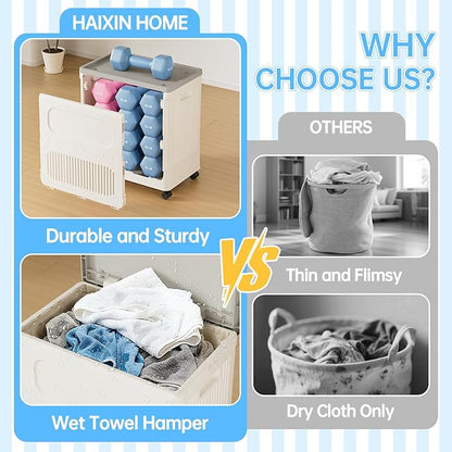 HAIXIN HOME Slim Rolling Laundry Hamper with Lid, 60L Foldable Plastic Laundry Basket on Wheels with Handle, Dirty Clothes Hamper Cart for Narrow Spaces, Bedroom, Bathroom, Closet, Dorm, Under Table