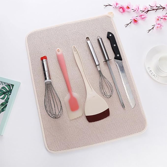 2pcs Large Size Dish Drying Mats with Hanging Loop, 24*18 Inch Absorbent Microfiber Dishes Drainer Mats, Reusable Washable Dish Drying Pad for Countertop (Beige)