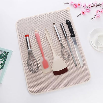 Solid Color Absorbent Dishes Drainer/Rack Mat for Countertop, Medium Size 15 x 20 Inch, Microfiber Dish Drying Pads with Hanging Loop, Kitchen Counter Dishes Draining Pad, Beige, 2 Pieces