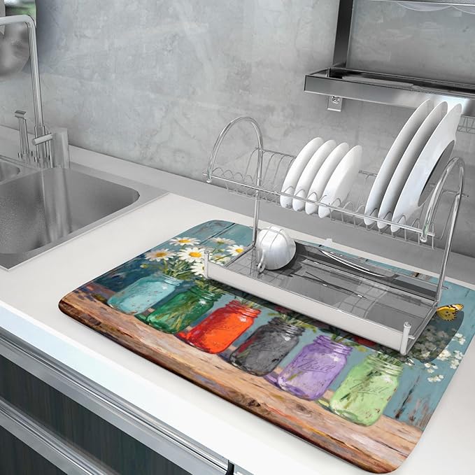 Spring Summer Floral Dish Drying Mat for Kitchen Counter 18x24 Flower Bottle Butterfly Woodgrain Seasonal Absorbent Reversible Microfiber Drying Mats Kitchen Countertop Protector Dishes Drainer Pad