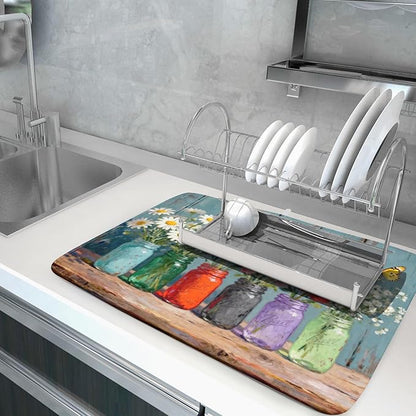 Spring Summer Floral Dish Drying Mat for Kitchen Counter 18x24 Flower Bottle Butterfly Woodgrain Seasonal Absorbent Reversible Microfiber Drying Mats Kitchen Countertop Protector Dishes Drainer Pad