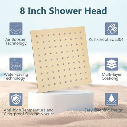 Aolemi Shower Faucet Set, High Pressure Shower System with 2-in-1 Handheld Sprayer, Wall Mount Fixture Combo with Rough-in Valve, 8 Inch Shower Head, Brushed Gold