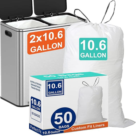 10.6 Gallon for Dual Compartment Trash Can (2 x 10.6 Gallon) Trash Bags 50 Count with Ultra-Strong Drawstring Heavy Duty 1.2 Mil Pre-Separated Tear & Leak Resistant PERFECT FIT & GRAND SAVE!