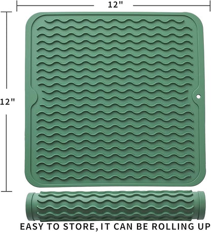 MicoYang Silicone Dish Drying Mat for Multiple Usage,Easy clean,Eco-friendly,Heat-resistant Silicone Mat for Kitchen Counter or Sink,Refrigerator or Drawer liner Green M 12 inches x 12 inches