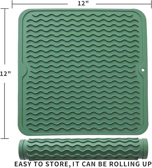 MicoYang Silicone Dish Drying Mat for Multiple Usage,Easy clean,Eco-friendly,Heat-resistant Silicone Mat for Kitchen Counter or Sink,Refrigerator or Drawer liner Green M 12 inches x 12 inches