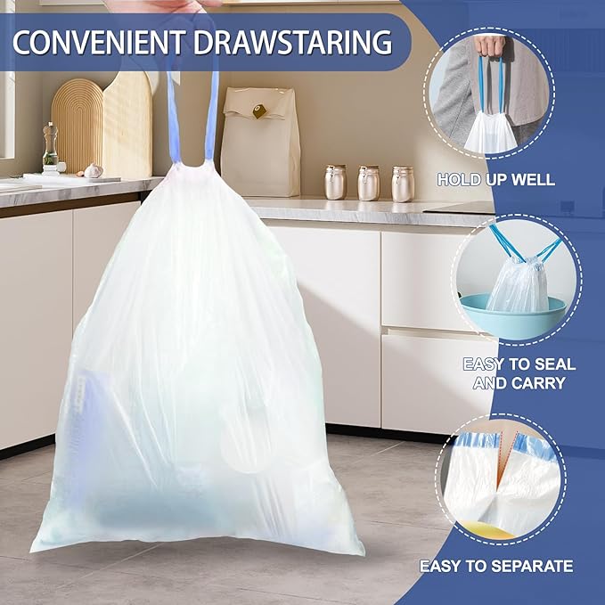 15 Gallon Trash Compactor Bags with Drawstring - 120 Count Heavy Duty 1.7 Mil Garbage Bags 56 Liter Tall Kitchen Bin Liners Unscented White for Home Yard Lawn