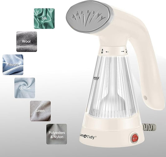 True & Tidy, Hand Held Garment Steamer with Stainless Steel Nozzle, Includes Fabric Brush and Water Cup, TS-20A (White)