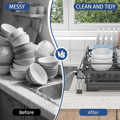Expandable Dish Drying Rack,Rust-Proof Metal Dish Racks for Kitchen Counter with 360° Swivel Drain Spout,Space-Saving Dish Drainer with Utensil Holder for Small Apartment & Home Organization