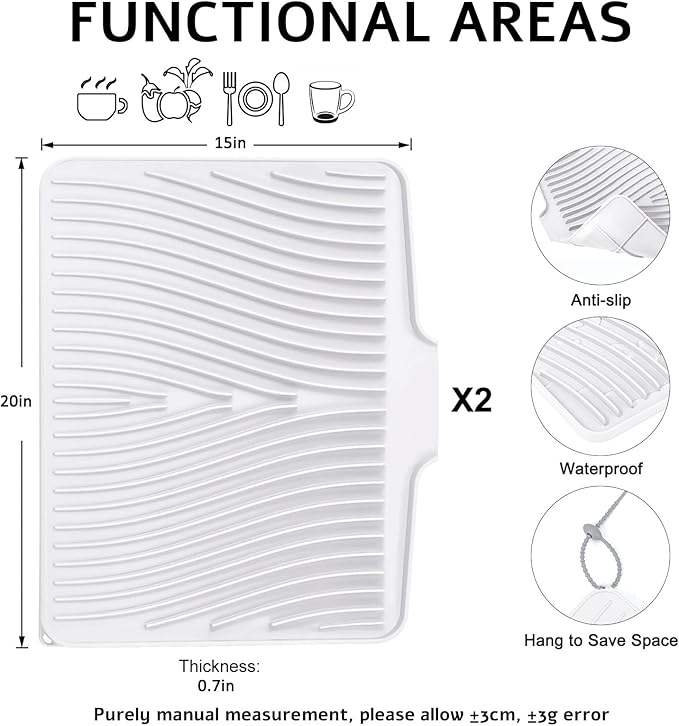 TIKNIK Silicone Dish Drying Mat, Stone Drying Mat for Kitchen Counter with Built-In Drain, Non-Slip Drain Pad with Built-in Drain, Heat Resistant Stone Drying Mat, Hangable, White-2pcs, 20" x 15"