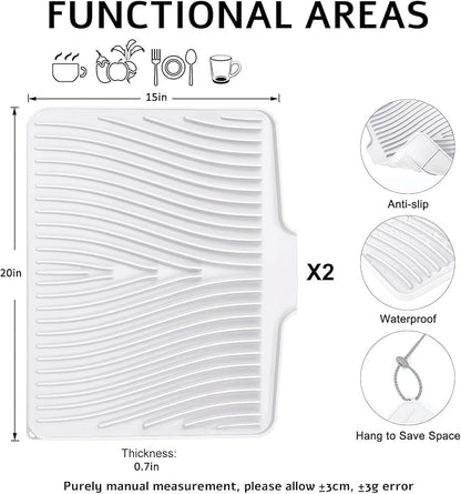 TIKNIK Silicone Dish Drying Mat, Stone Drying Mat for Kitchen Counter with Built-In Drain, Non-Slip Drain Pad with Built-in Drain, Heat Resistant Stone Drying Mat, Hangable, White-2pcs, 20" x 15"