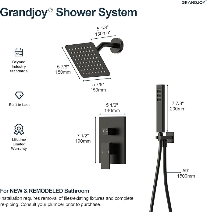 2-Spray Pattern 6 in.Square Shower head with Single Handle Shower Handheld Faucet 2.5 GPM in Matte Black