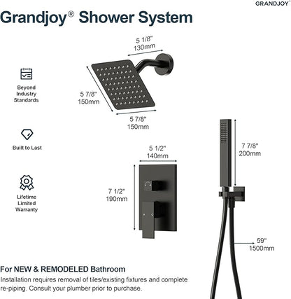 2-Spray Pattern 6 in.Square Shower head with Single Handle Shower Handheld Faucet 2.5 GPM in Matte Black