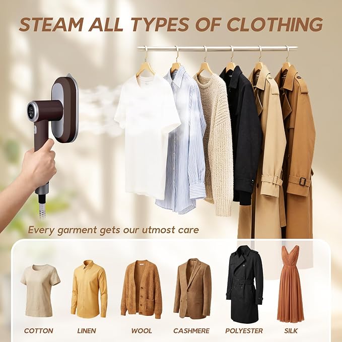 2 In 1 Steamer for Clothes: 1550W Powerful Steamer with 1100ml Detachable Tank, 30s Fast Heat-Up, Horizontal & Vertical Use, Portable Wrinkle Remover for Clothes Drapes Bedding (Brown)