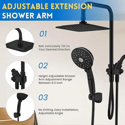 Ryamen Dual Shower Head Combo, 8'' High Pressure Rain Shower Head with Handheld Spray, 6 Settings Handheld Showerhead, 15" Height Adjustable Slide Bar, Angle Adjustable, Matte Black