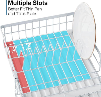 GSlife Expandable Dish Drying Rack with Drainboard, Compact Rustproof Dish Rack for Kitchen Counter, Ultra-Sturdy Space Saver with Cup Holder for Small Apartment,12.2" W x 12"-20.5" L, White