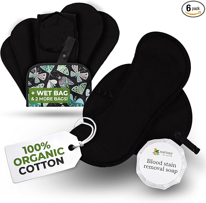 Organic Cotton Reusable Menstrual Pads for Light Flow (6 Pack S+M) - Leak Proof & Odor Free Cloth Pads for Women & Teens - High Temp Washable, Breathable, Soft & Skin-Safe for All Day Period Comfort