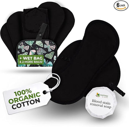 Organic Cotton Reusable Menstrual Pads for Light Flow (6 Pack S+M) - Leak Proof & Odor Free Cloth Pads for Women & Teens - High Temp Washable, Breathable, Soft & Skin-Safe for All Day Period Comfort