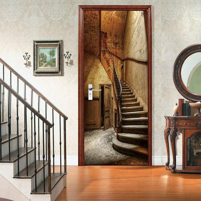 3D Door Stickers Murals Peel and Stick - Old Stairs Wallpaper Self-Adhesive Decals Removable PVC Waterproof Poster for Bedroom Living Room 33.9" x 78.7"