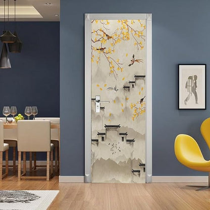 A.Monamour 3D Door Stickers for Interior Doors Flowers Birds Trees and Buildings in Ink Chinese Style Vinyl Waterproof Self Adhesive Door Mural Decals for Bedroom Office Bathroom 95x215cm