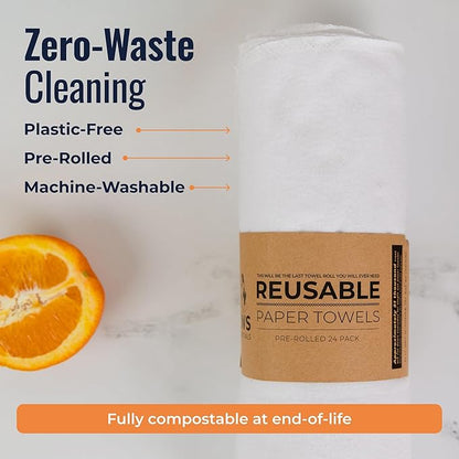 Zero Waste Reusable Paper Towels, Organic Cotton Flannel Wipes for Kitchen, Bathroom, Hand Drying, Pet Messes, and Counter Cleaning, White, 24-Pack Gift Set