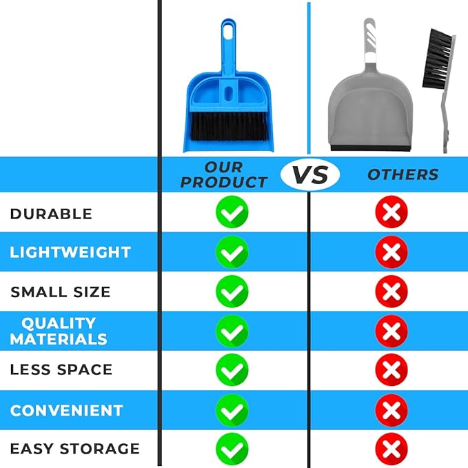 Mini Broom and Dustpan Set - Compact Cleaning Kit for Home, Car, Camping, Small Spaces, Pet Cleanup, and Travel - Durable Small Broom and Dustpan Set Mini - Sky Blue Broom